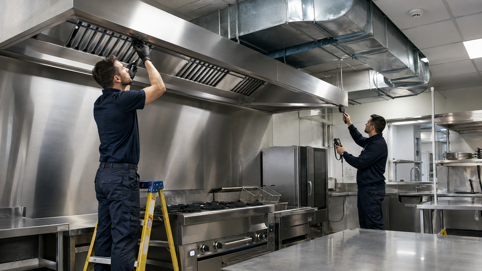 engineers fitting Commercial Kitchen Ventilation system in Telford